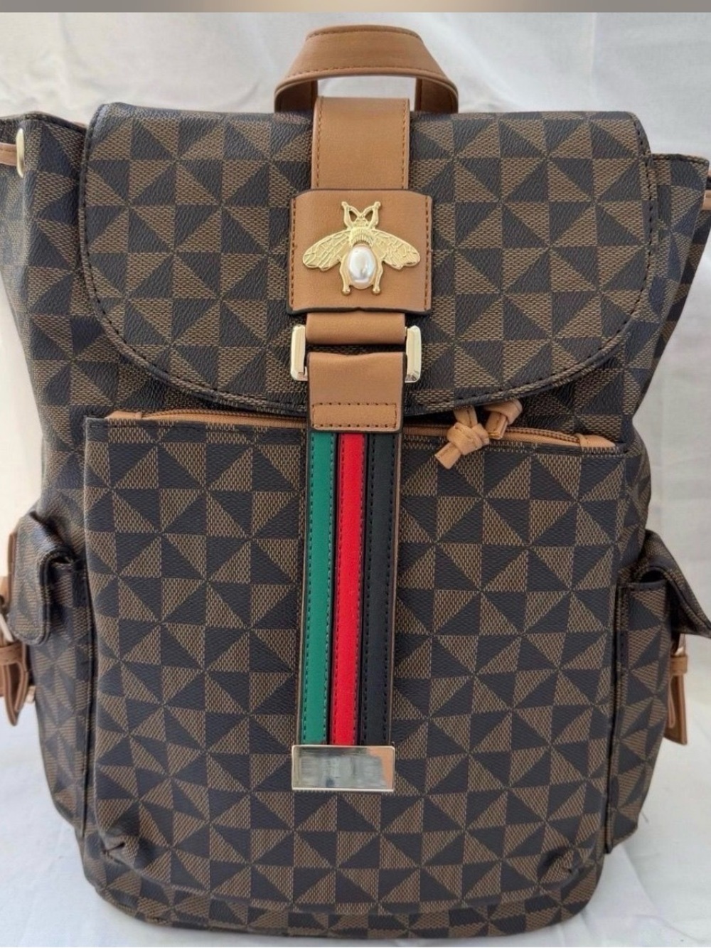 Brown Geometric Pattern Backpack with Green-Red Accent
